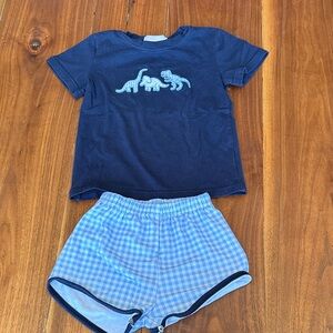 Navy Dinosaur T-Shirt and Blue Gingham Shorts Set